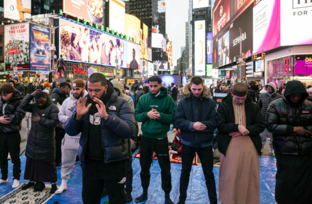 Muslims in Times Square during Ramadan 2024